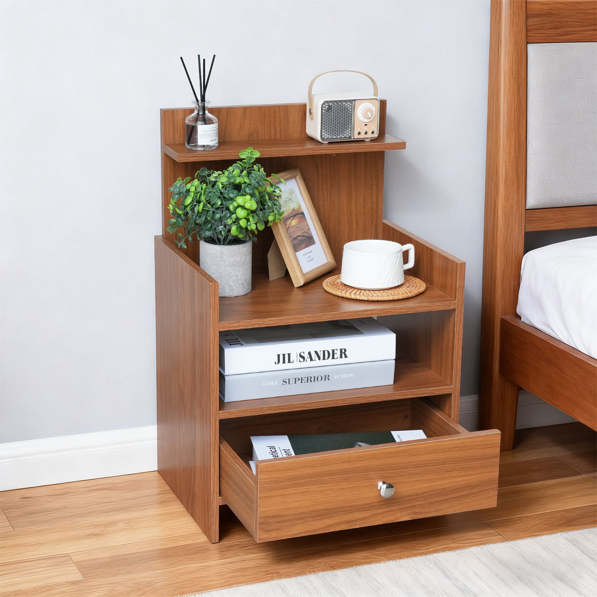Modern Wooden Nightstand with Drawer and Open Storage Shelf – Bedside Table for Bedroom & Living Room