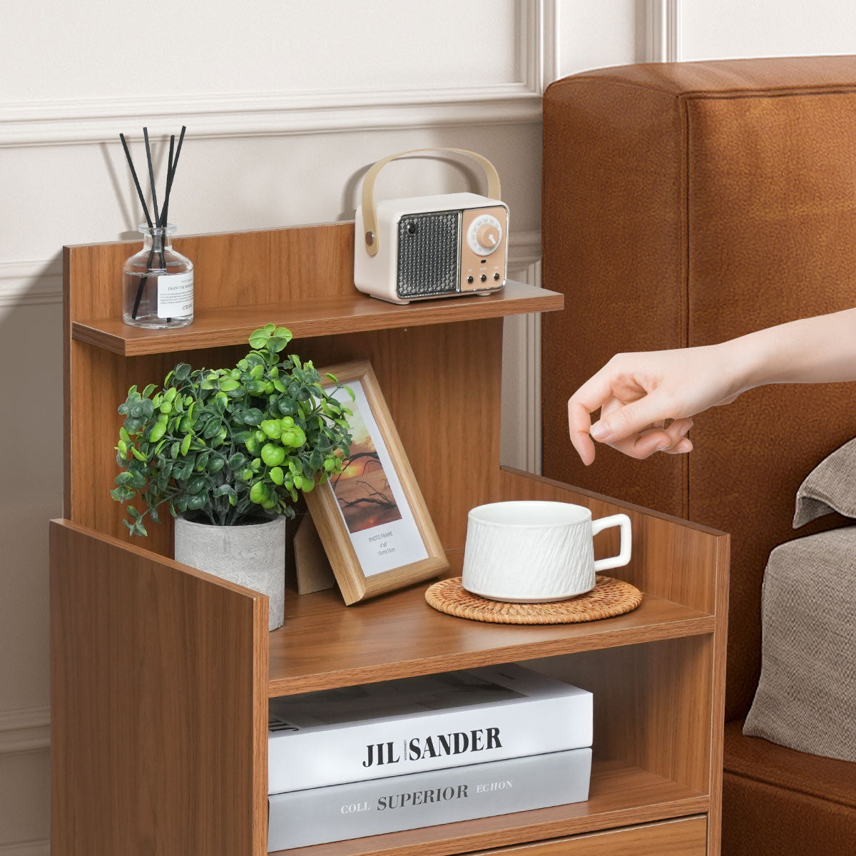 Modern Wooden Nightstand with Drawer and Open Storage Shelf – Bedside Table for Bedroom & Living Room