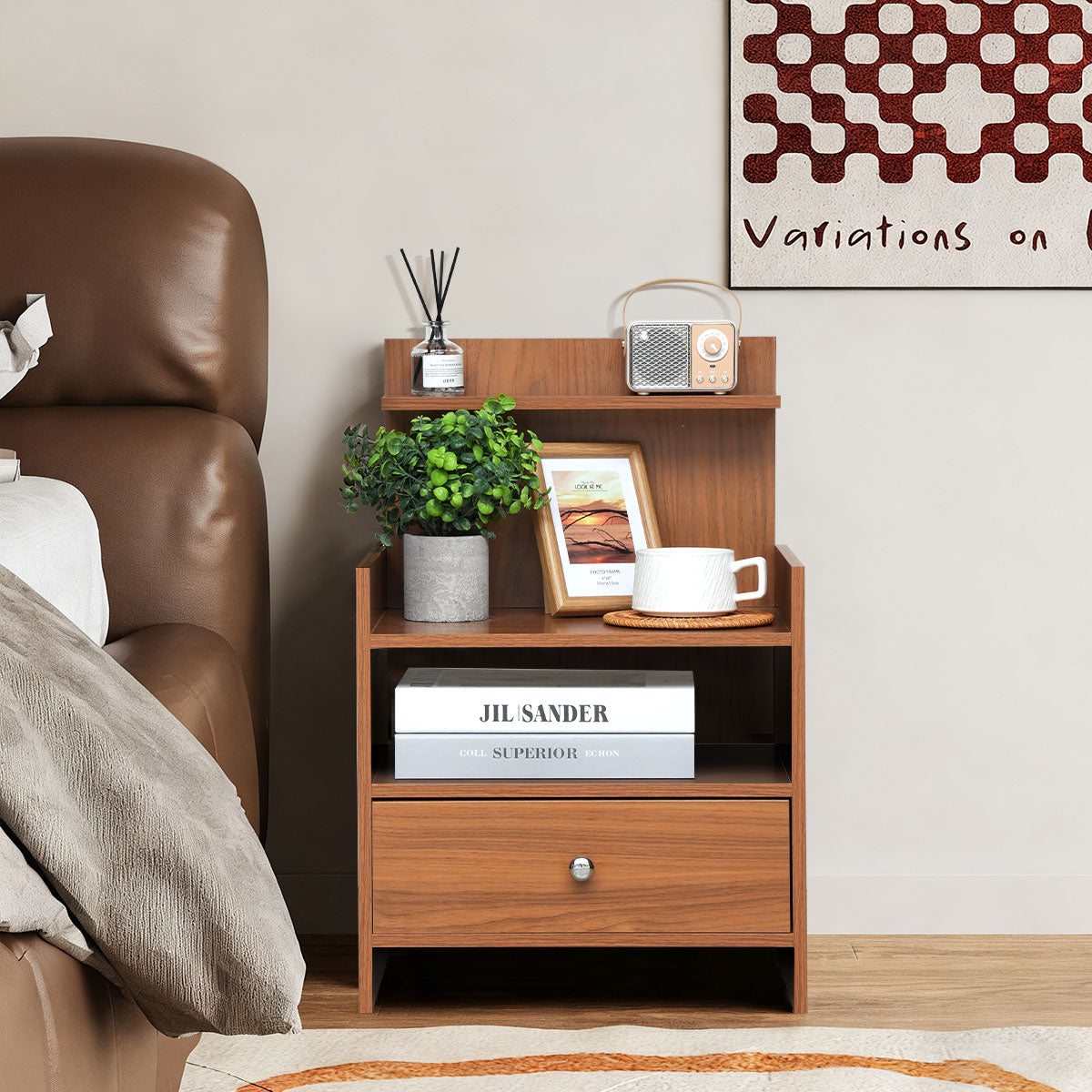 Modern Wooden Nightstand with Drawer and Open Storage Shelf – Bedside Table for Bedroom & Living Room