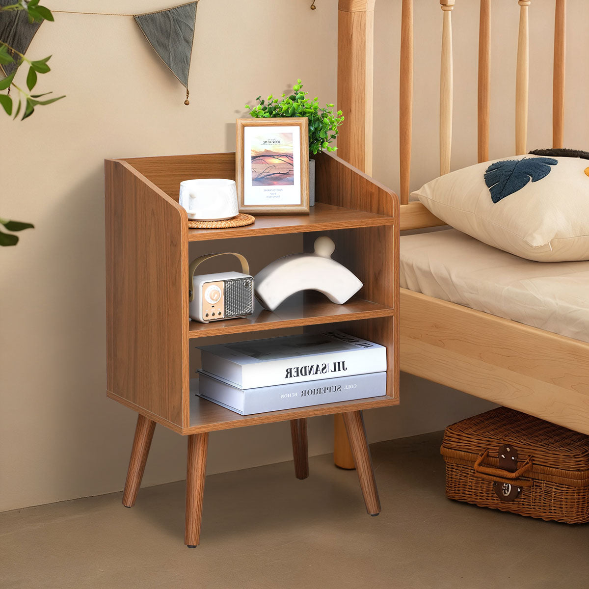 Modern Wooden Nightstand with Open Shelves – Bedside Table for Bedroom, Living Room & Small Spaces