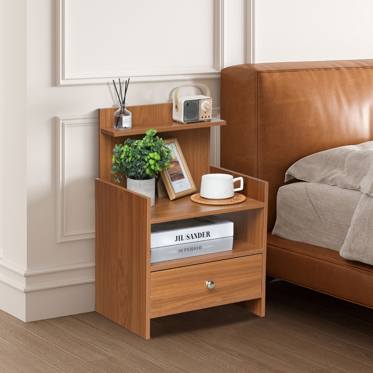 Modern Wooden Nightstand with Drawer and Open Storage Shelf – Bedside Table for Bedroom & Living Room