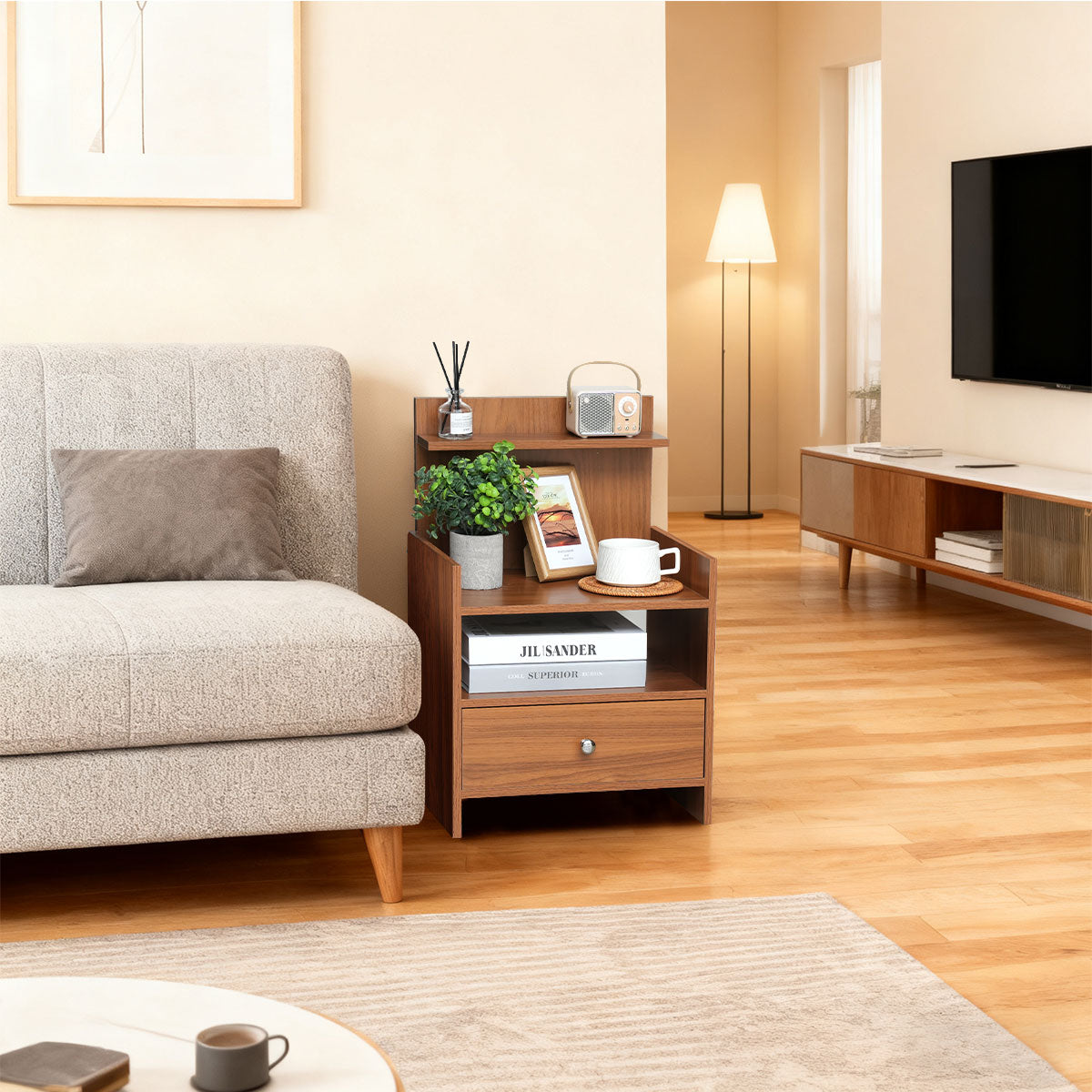 Modern Wooden Nightstand with Drawer and Open Storage Shelf – Bedside Table for Bedroom & Living Room